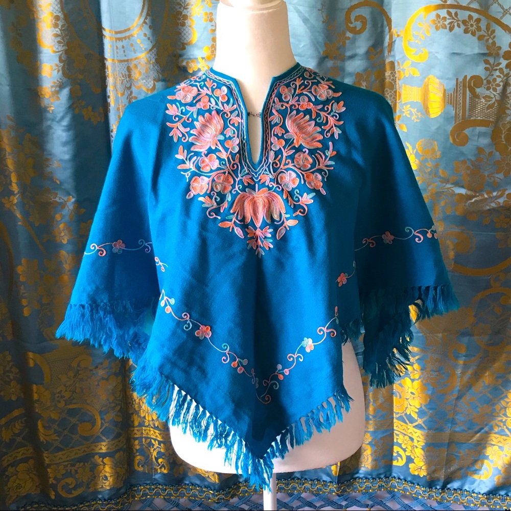 Vintage felt embroidered turquoise peach poncho